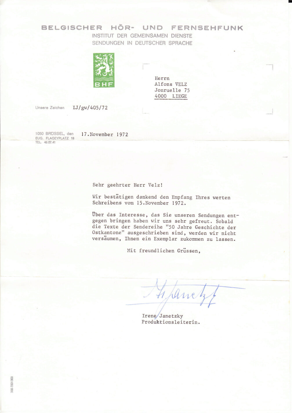 Une lettre de la directrice du BHF, Madame Irene Janetzky, du 17 novembre 1972, à moi, l'étudiant en germanistique Alfons Velz