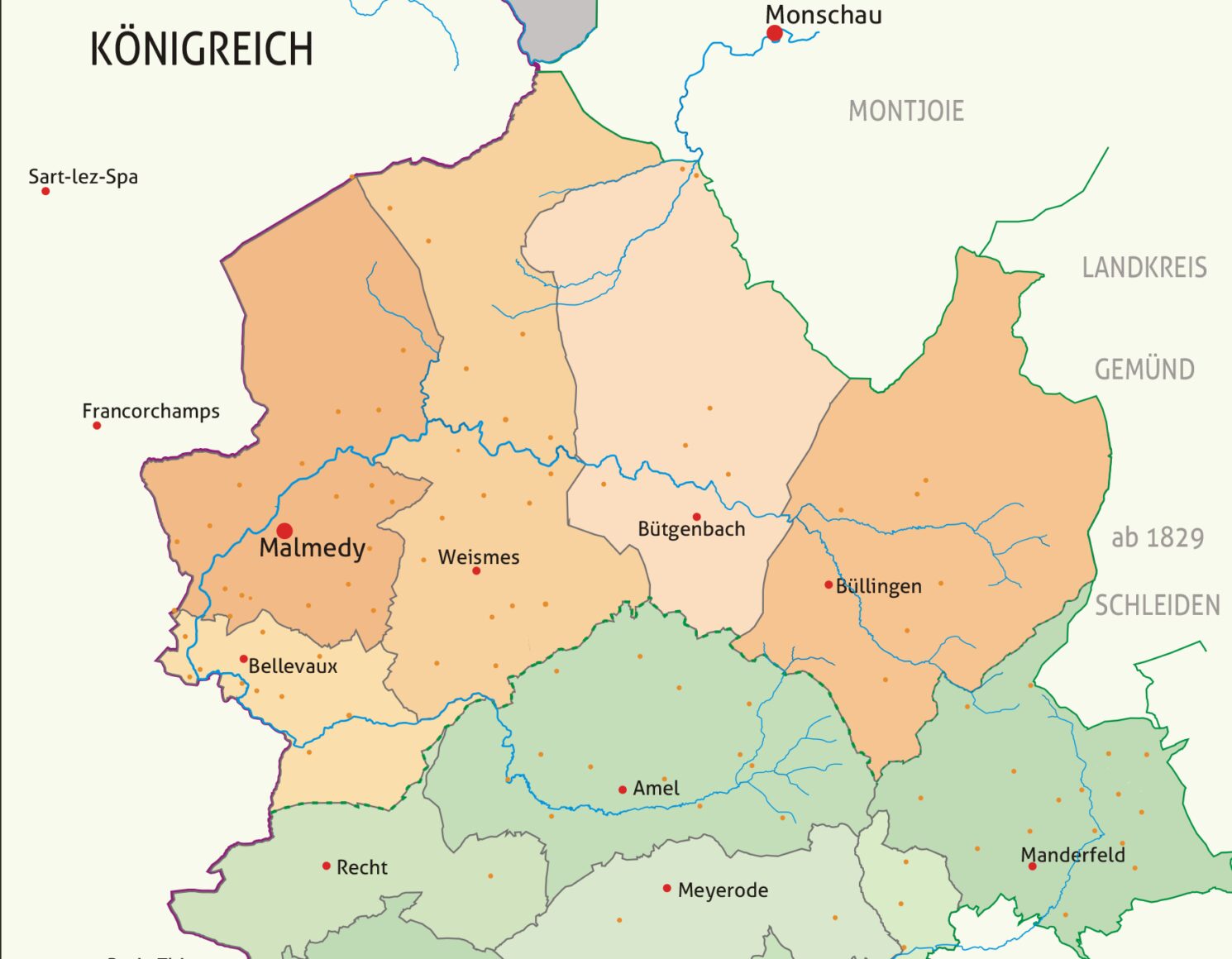 De districten Eupen en Malmedy in de Pruisische tijd (Kaart: Klaus-Dieter Klauser).