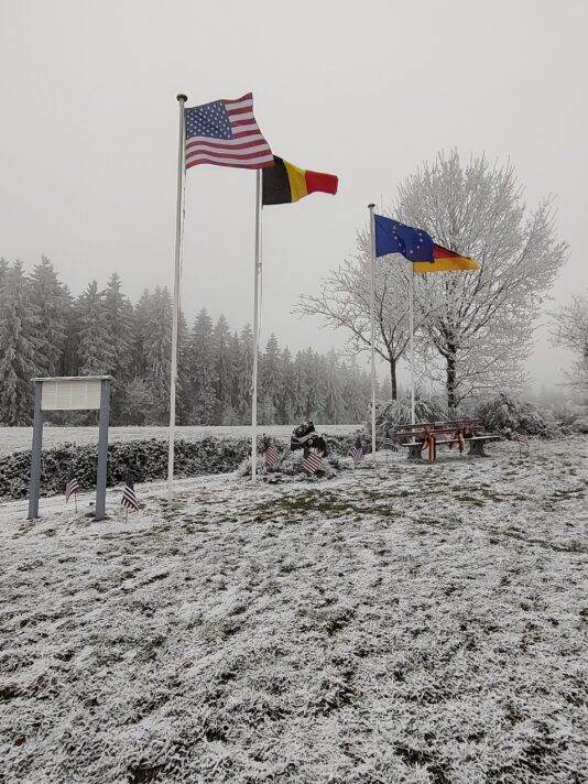 The newly installed memorial in Lanzerath: new flagpoles and new and revised information board. Picture: Patrick Vermeulen