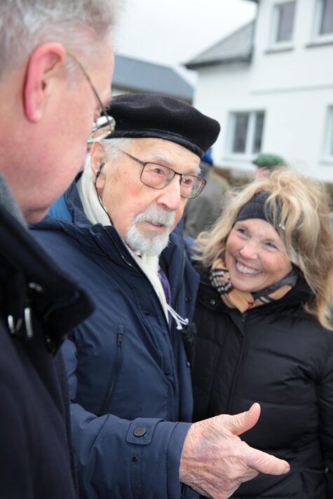 The 102-year-old German veteran Jochen Schmidt and his companion. Picture: Jean-Philippe Brassinne