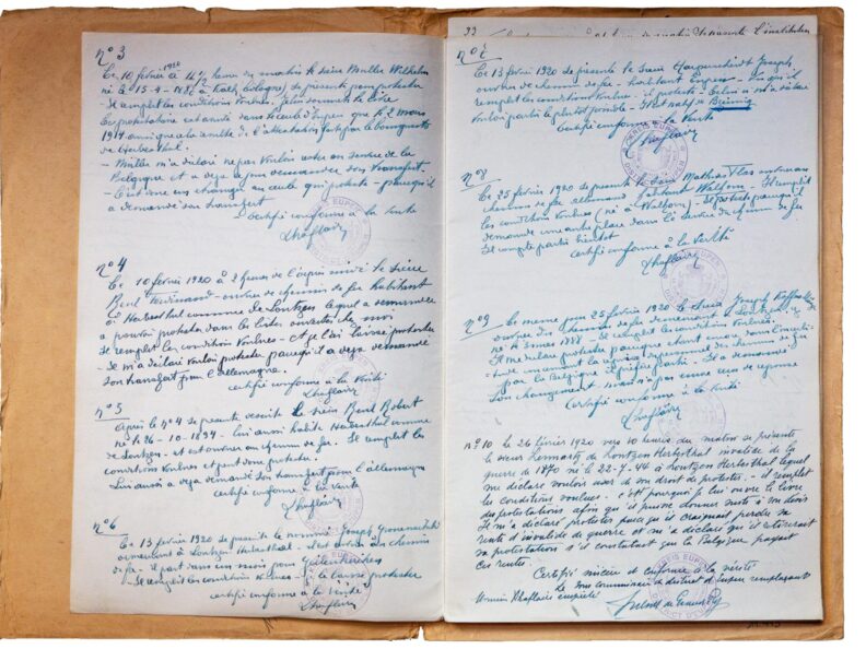 Extrait du registre officiel de la « consultation populaire » de 1920 du canton d’Eupen (source : Archives du ministère belge des Affaires étrangères, B/11.443 Eupen-Malmedy, La Consultation Populaire. Photo : Philippe Beck, 2020).